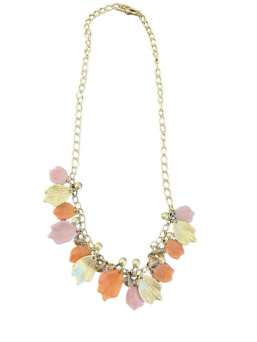Goldtone Pink, Coral, Gold Leaf Necklace with Toggle Clasp 32"
